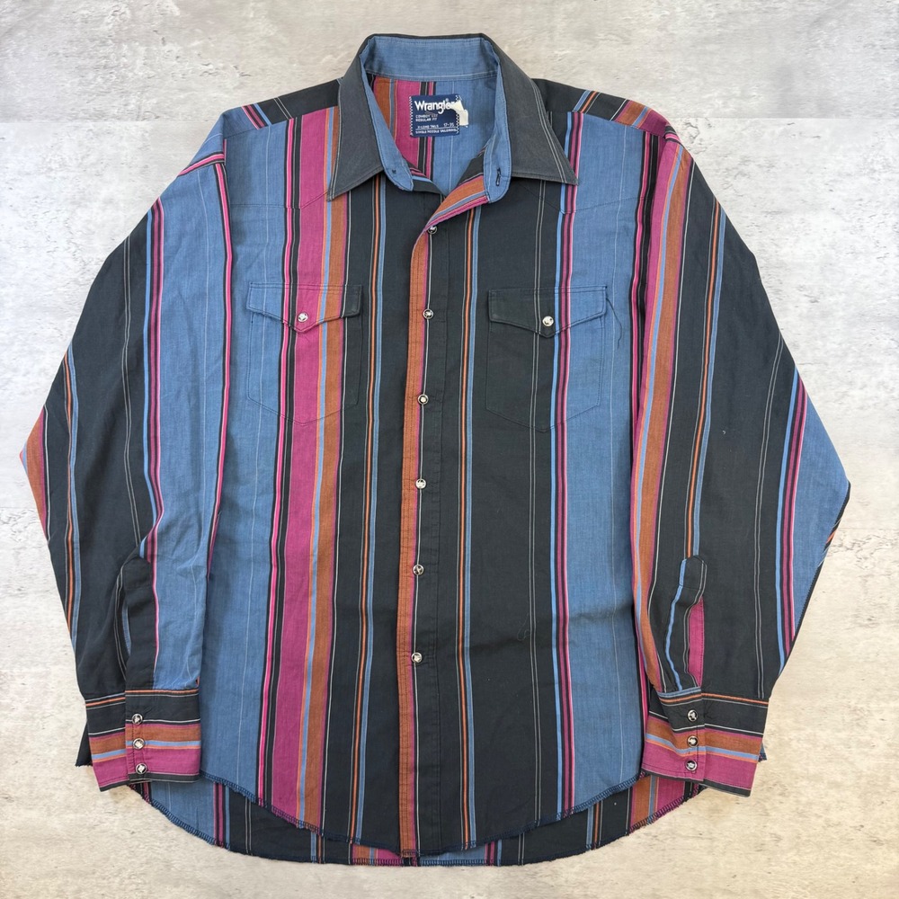 Wrangler Cowboy Cut Western Snap Shirt Mens 17-35 Striped Blue Pink X-Long Tails